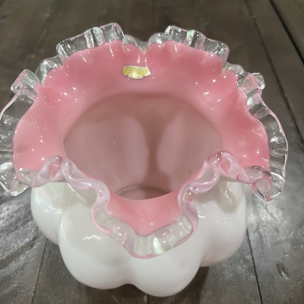 Fenton Peach Pink Crest Mellon Vase Silver Crest‎ White Milk Glass Sticker 1940s - Picture 2 of 9
